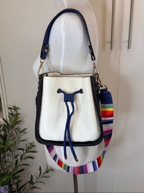 Leather White and Navy Drawstring Bucket Bag with Rainbow Strap